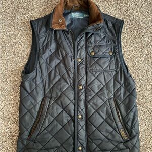 Polo by Ralph Lauren Men's Navy Quilted Vest with Brown Accents
